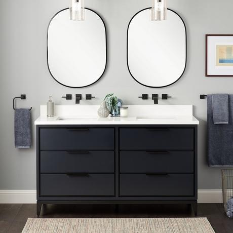 60" Hytes Mahogany Double Vanity With Rectangular Undermount Sinks - Midnight Navy Blue