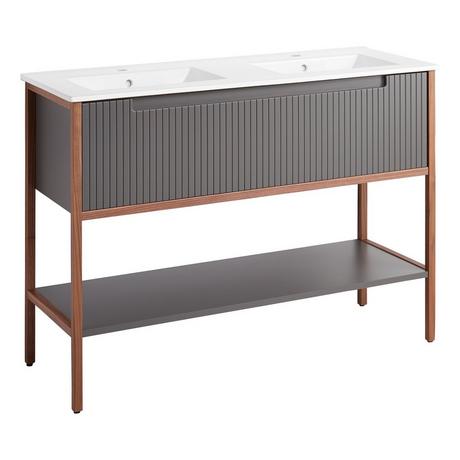 48" Bisbee Console Double Vanity and Sinks - Muted Gray with Warm Oak Frame
