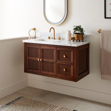 36" Nikolai Narrow Wall-Mount Vanity with Outlet - Rect Undermount Sink - Winterland Walnut