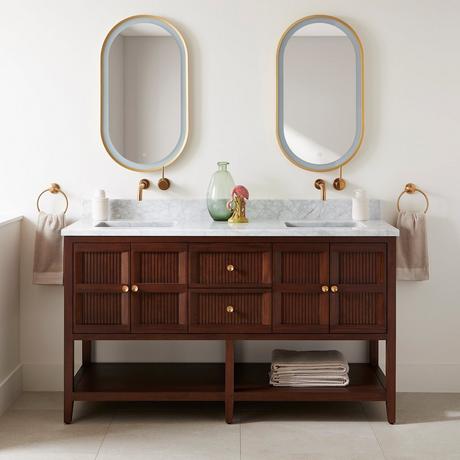 60" Nikolai Vanity with Outlets - Rect Undermount Sinks - Winterland Walnut