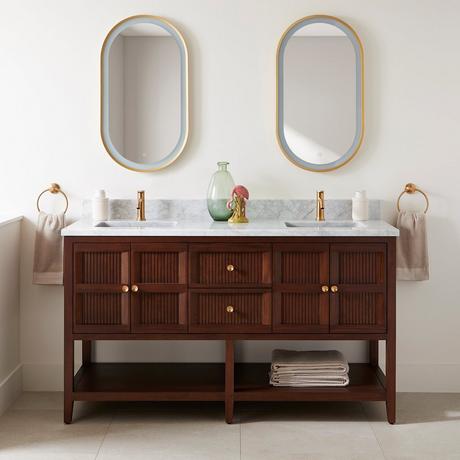 60" Nikolai Vanity with Outlets - Rect Undermount Sinks - Winterland Walnut