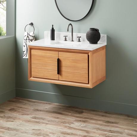 36" Aliso Narrow Wall-Mount Vanity with Rect Undermount - Outlets - Natural Teak